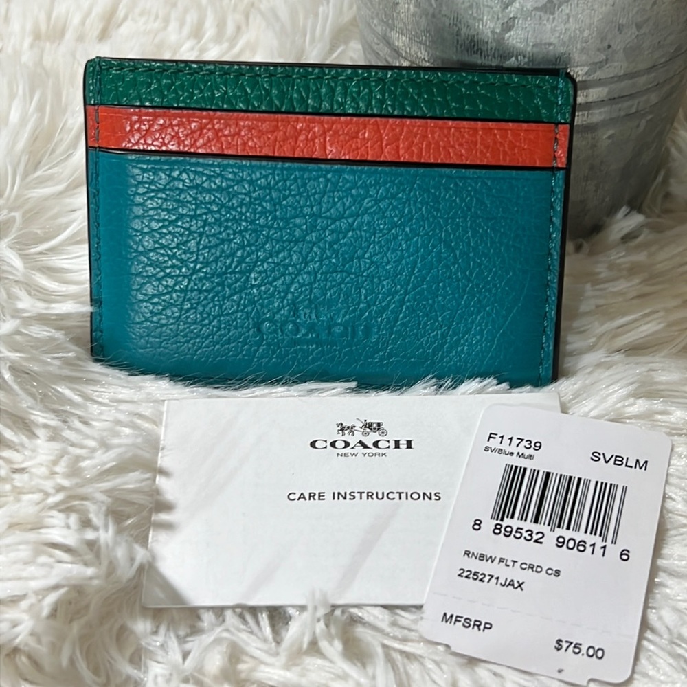 NWT Coach Flat Card Case; Rainbow Blue Multi
